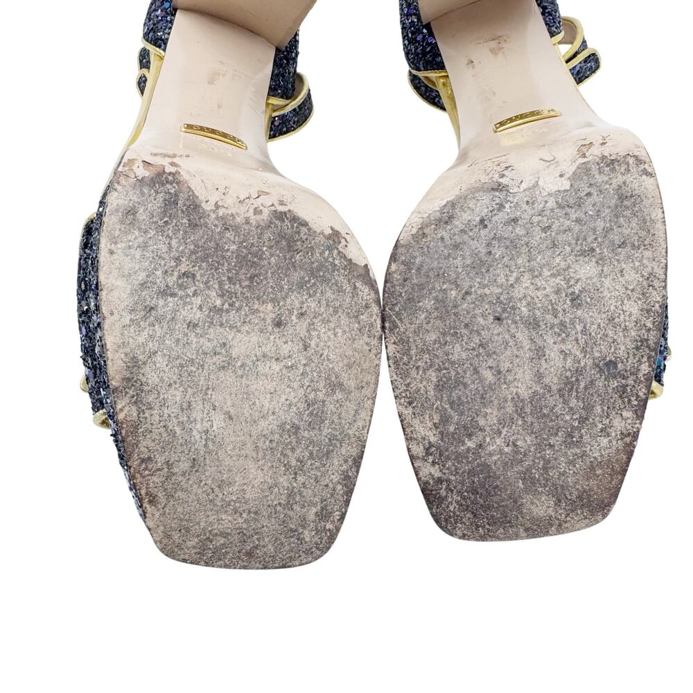 GUCCI Soko Bee Blue Glitter Platform Heels Gold
Trim Ankle Strap Size 38.5 - Picture 16 of 16